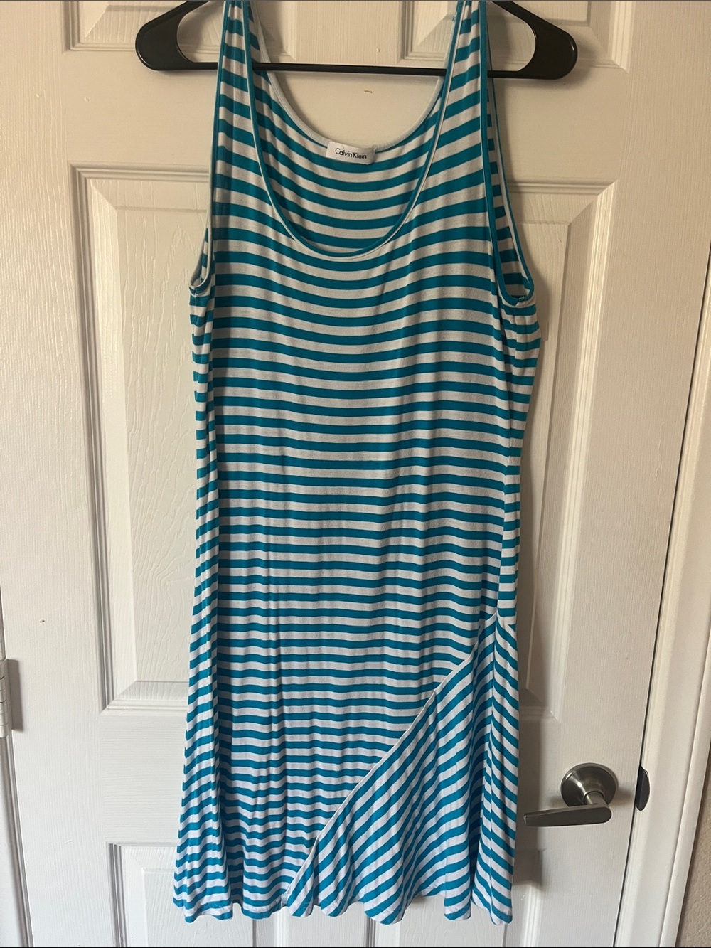 Calvin Klein Teal and White Striped Midi Tank Dress